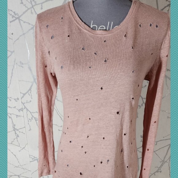 Black Orchid Pink 100% Linen Distressed Holes Long Sleeve Tee - Picture 2 of 5